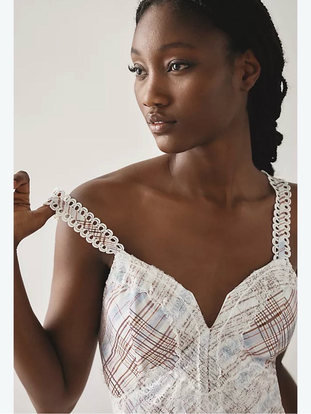 Anthropologie White Lace-Trim Plaid Midi Dress with Decorative Straps